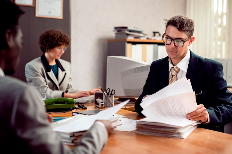 Two people, one in the foreground obscured from view and one clearly visible, are seated at an office desk piled with documents. The visible man, who appears to be an injury lawyer, wears a suit and glasses, intently reviewing a large stack of papers. A female colleague with curly hair is working at a computer in the background.