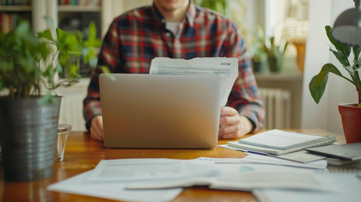 A person sitting at a table with a laptop, looking at a stack of documents and forms, emphasizing the paperwork and coordination required to submit a WSIB claim.