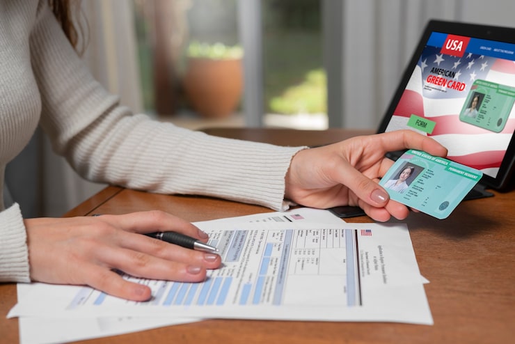 A close-up of a person's hands holding a pen and reviewing forms, with a digital tablet in the background displaying a screen related to immigration, which may represent the need to provide identification and personal documentation as part of a comprehensive application process like a WSIB claim.