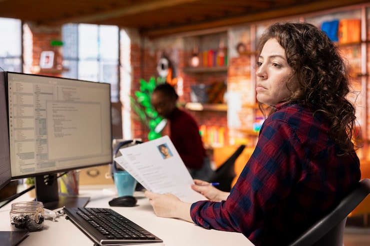 A person at a desk holding a document, possibly a WSIB form or medical report, looking away from the computer screen, reflecting the thoughtful process of reviewing paperwork for a WSIB claim. how to file a wsib claim in Toronto