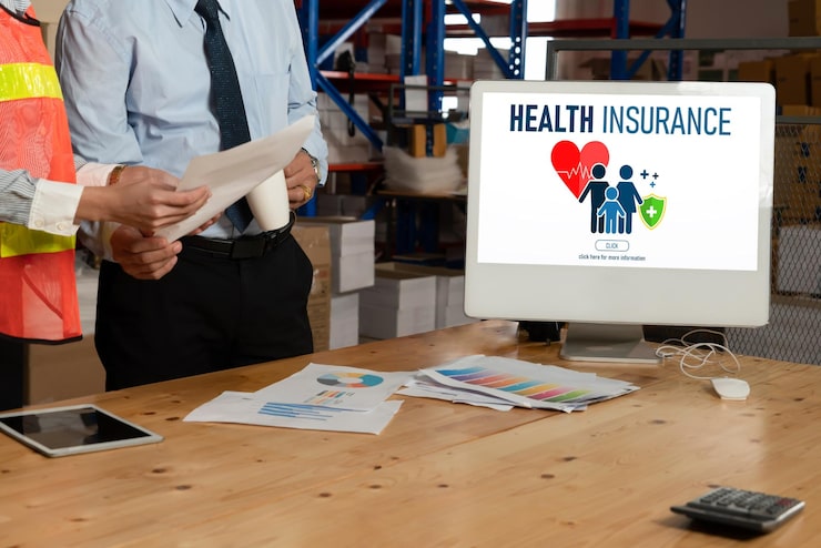 A man in a blue shirt and tie stands with a woman in a high-visibility vest in what appears to be a warehouse office, looking at documents. A desktop monitor displays "HEALTH INSURANCE" with an icon of a heart, family, and shield, symbolizing the policy being discussed. Insurance Tactics Injury Claims