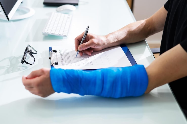 A close-up of a person's arm, encased in a bright blue cast from the hand to the elbow, as they sit at a desk signing a form on a clipboard with a pen, illustrating an injured individual processing a claim. Insurance Tactics Injury Claims