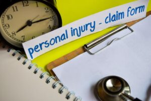 A strip of paper with "personal injury - claim form" in blue text, resting on a clipboard, a stethoscope, and an alarm clock. The clock visually emphasizes the critical time limits, like the two-year statute of limitations, for filing a personal injury claim in Toronto.