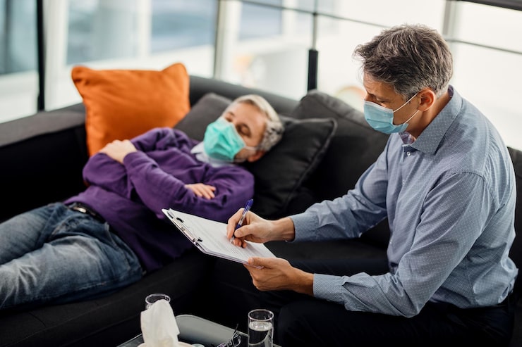A masked healthcare professional, likely a therapist or doctor, sitting and taking notes on a clipboard while a patient, also masked, lies down on a couch. This illustrates the medical assessment and documentation phase, which is critical for supporting a personal injury claim for damages.