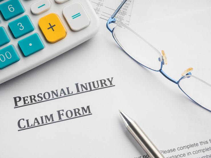 A Personal Injury Claim Form on a desk, next to a calculator, reading glasses, and a pen. This visual highlights the financial and legal documentation required to pursue a claim and the importance of calculating personal injury damages.