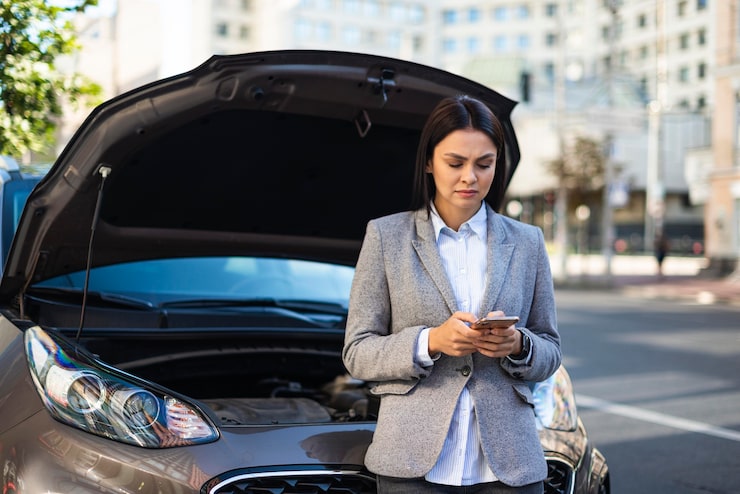 A stressed woman in a suit stands in front of her car with its hood open, anxiously looking at her phone to call a car accident lawyer for help.