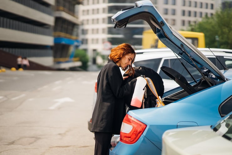 A woman with red hair is loading items into the open trunk of a blue car in a parking lot, representing the disruption after a motor vehicle accident.